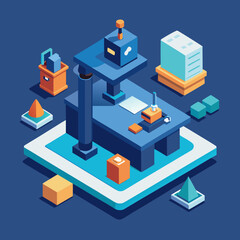 Isometric illustration of a futuristic manufacturing or assembly line process