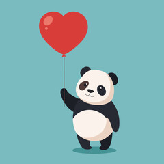 Adorable panda holding a red heart shaped balloon on a teal background