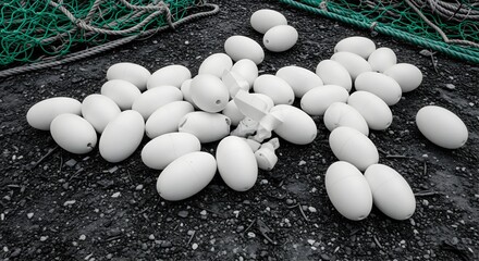 Fishnet with group of white round floats sitting on dark gravel surface for commercial fishing gear
