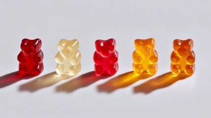 Colorful gummy bears lined up in a row. Each bear has a unique hue, showcasing a playful and fun vibe. Perfect for candy lovers and joyful events. Capture sweet moments. AI