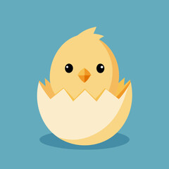 Adorable yellow chick emerging from a cracked eggshell on a blue background