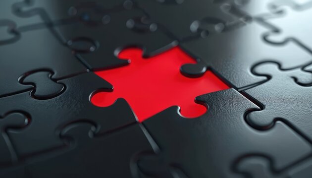 Abstract puzzle with one red missing piece. Black jigsaw parts form a gap, symbolising challenge or solution search. Conceptual backdrop for problem solving and strategy.