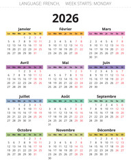 2026 french modern calendar. Vector illustration for France with color months year - calendrier francais
