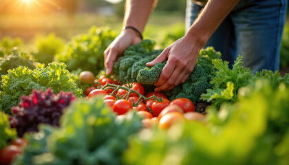 Person harvesting fresh organic vegetables in a sunlit garden. Tomatoes and broccoli are ready to harvest. Cultivation of healthy food. Gardening is a way to a healthy lifestyle.