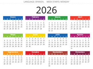 2026 spanish calendar. Multicolor vector illustration Spain - year calendario
