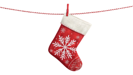 Red christmas stocking with snowflake design hanging on a string
