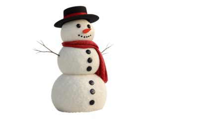 Classic snowman wearing a hat and scarf on a black background