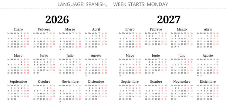 2026 and 2007 spanish calendars with Serif font. Vector illustration Spain