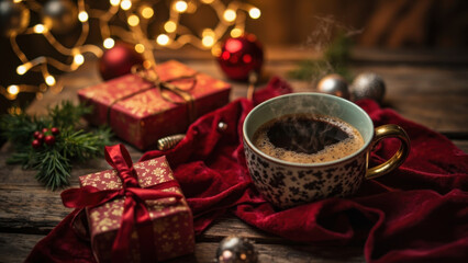 Christmas morning coffee with gifts and festive decorations on a wooden table