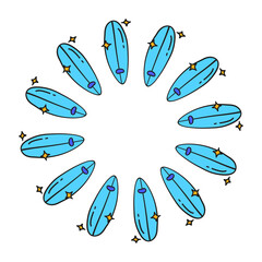 Cute round frame with doodle surf boards isolated on white background.