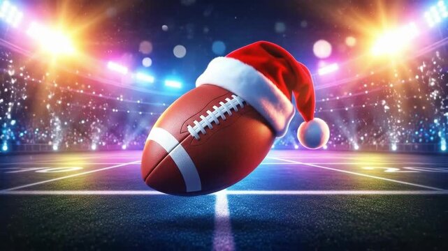 American football ball wearing a Christmas Santa hat on a brightly lit stadium field. Festive sports event and holiday celebration concept.