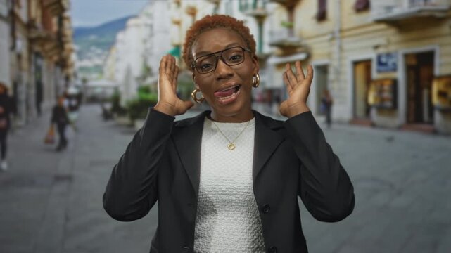Young african american woman covers face with hands on street then uncovers face smiling; playfulness.