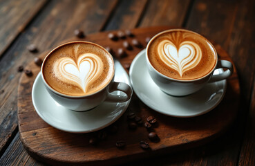 Two white cups with cappuccino and latte art shaped like hearts sit on saucers. Coffee beans are scattered around on a wooden surface. Perfect for romantic occasions and cafe settings.