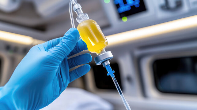 ambulance interior with doctor preparing IV drip for patient, emergency healthcare treatment, hospital rescue service, medical professional action, stock photo concept - Powered by Adobe