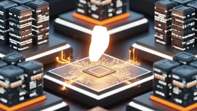 Futuristic cloud computing data center concept with glowing network infrastructure and centralized processor connection