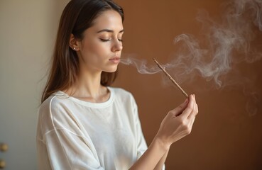 Obraz premium Young woman smells smoke from burning incense stick. Relaxes at home, enjoying aromatherapy session. Female practices mindfulness, finds inner peace, well-being. Calm lady meditation, feels tranquil