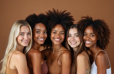 Obraz premium Five smiling women of diverse ethnicities pose closely together. Their varied hairstyles and skin tones suggest unity and beauty. They wear casual tops against a warm brown backdrop.