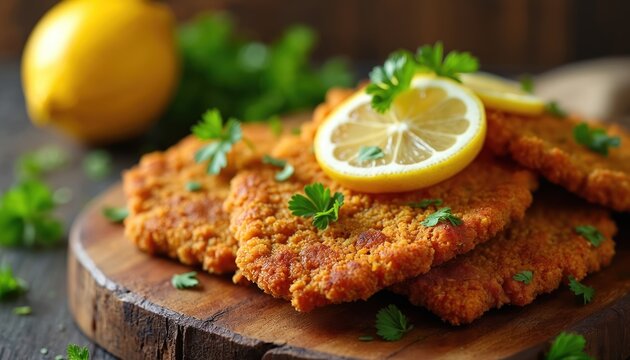 Golden crispy breaded cutlets sit on rustic wood board. Fresh lemon slices, green parsley garnish delicious meal. Plant based vegan schnitzel offers tasty comfort food for dinner lunch. Makes