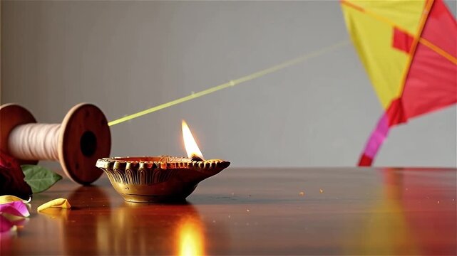 Vibrant Indian Kite Festival Celebration: Lit Traditional Diya, Kite Spool with Manjha, and Colorful Kite, Adorned with Flowers.