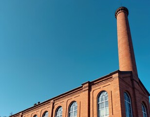Old red brick factory building with tall chimney against clear blue sky. Arched windows visible on the industrial structure. Retro exterior facade.