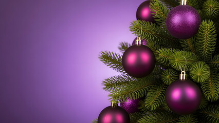 Obraz premium Purple Christmas Baubles Hanging on Evergreen Tree Branches.