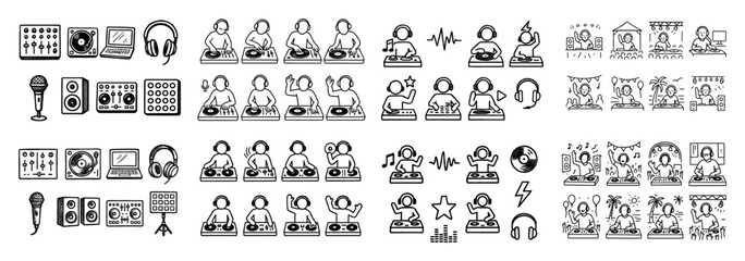 Cartoon dj party scene illustrations