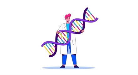 Scientist man holding dna structure with modern illustration in laboratory of research
