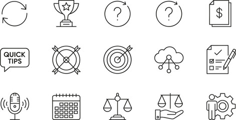 Business and Productivity Icons Set Featuring Communication, Planning, Achievement, and Ethical Concepts in Minimal Black and White Line Style