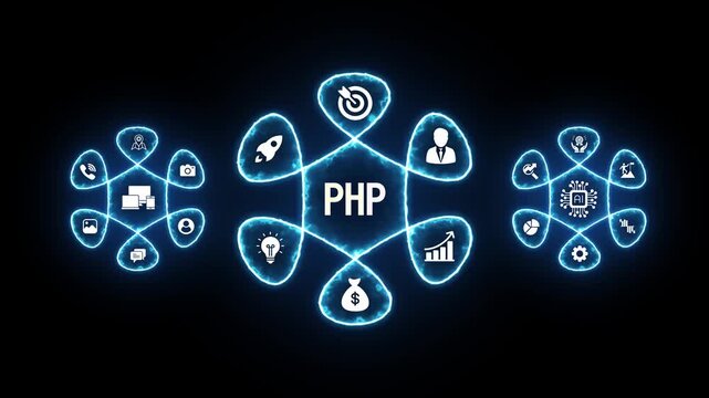 P H P programming concept abstract network diagram with glowing icons representing business goals technology finance and communication on dark background