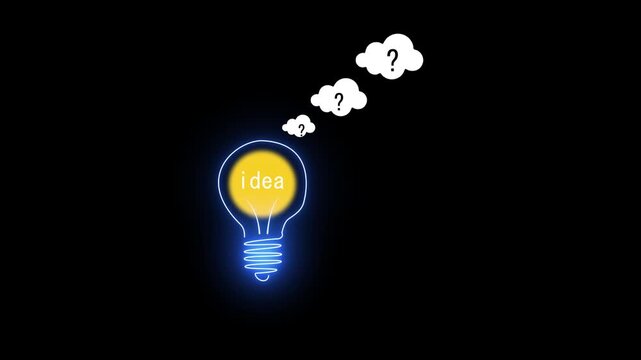 Glowing idea lightbulb with question marks in thought bubbles on black background concept for innovation inspiration creativity problem solving