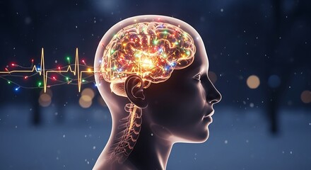 Intricate digital illustration of a human head depicting a brightly glowing brain with active neural pathways and an illuminating heartbeat line extending outwards