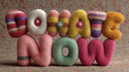 Colorful, furry letters spell DONATE