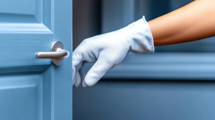 Obraz premium cleaning lady wiping door handles and disinfecting surfaces