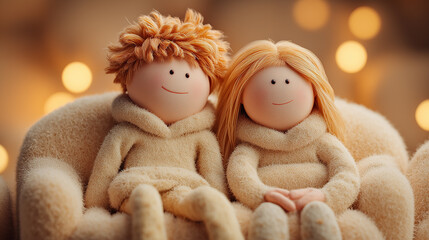 Two adorable plush dolls, one with curly orange hair and the other with straight blonde hair, sit together on a cozy couch, radiating warmth and friendship.