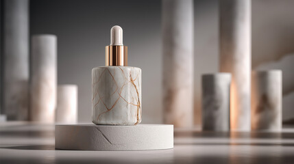 An elegant marble serum bottle stands on a textured pedestal, surrounded by softly blurred marble columns, exuding luxury and sophistication.