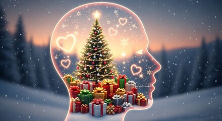 Glowing human head profile filled with a festive Christmas tree and many gifts symbolizing holiday joy
