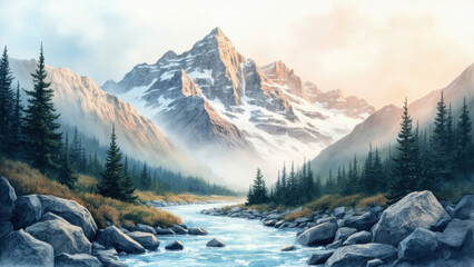 Majestic mountain landscape with a river flowing through a lush valley