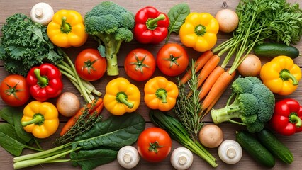 Vibrant fresh vegetables including bell peppers tomatoes broccoli and carrots on wood