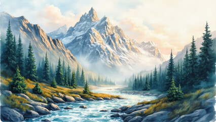 Majestic mountain landscape with a flowing river and evergreen trees