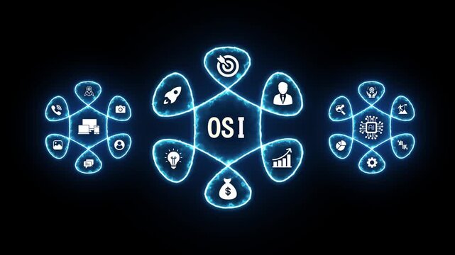Osi Network Diagram with Business Icons and A I Chip Glowing Blue on Black Background Business Technology Concept