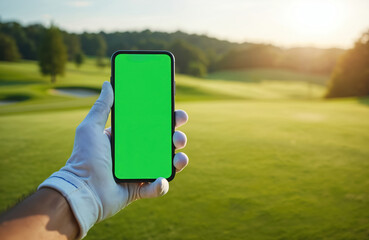 Person in golf glove holds smartphone showing green screen on golf field. Golfer uses phone tech for sport data. Mobile app concept at beautiful golf course. Technology modernizes sports with