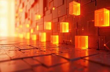 3D render abstract orange geometric background with glowing cubes. Futuristic digital technology concept with textured squares and neon light.