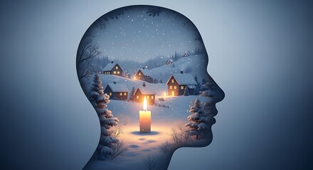 A peaceful winter village scene with cozy illuminated houses and a glowing candle inside a human head silhouette represents warm thoughts and holiday spirit