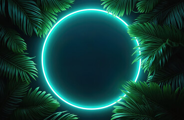 Bright turquoise neon circle frames lush green tropical palm leaves against dark background. Modern abstract design blends nature with glowing electric light for futuristic themes.