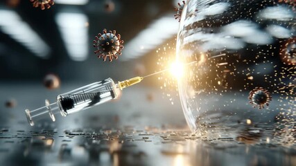Cinematic medical vaccine breakthrough background for immunology science news and virus cure research promos featuring syringe needle piercing protection shield
