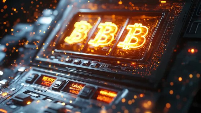 Cinematic technology background for cryptocurrency trading news and online gambling promos featuring digital bitcoin slot machine jackpot win with sparks