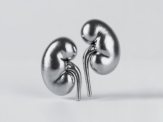 3D rendering of shiny metallic human kidneys on a clean white background, representing health and medical science