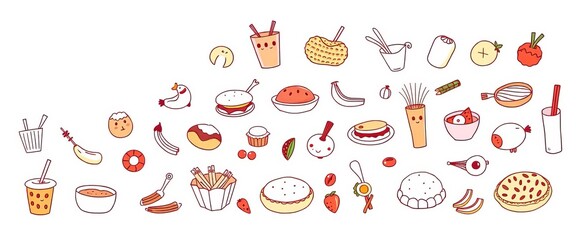 Whimsical hand-drawn food illustrations on a plain background, depicting various snacks and meals in a playful doodle art style,  seamless,  creative
