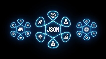 J S O N data structure network connections digital technology abstract concept glowing blue nodes and icons representing business finance A I and communication on dark background - Powered by Adobe
