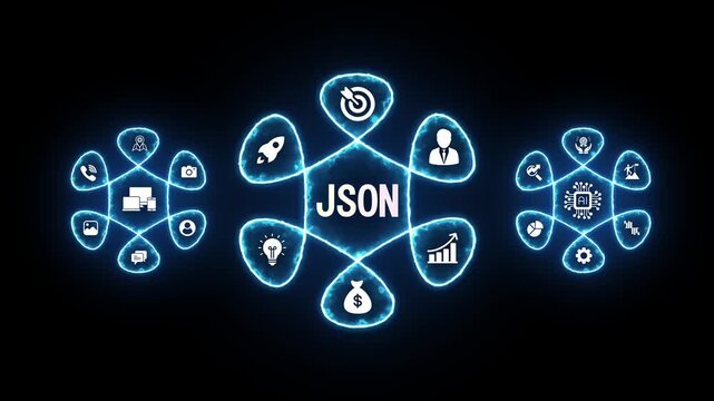 J S O N data structure network connections digital technology abstract concept glowing blue nodes and icons representing business finance A I and communication on dark background